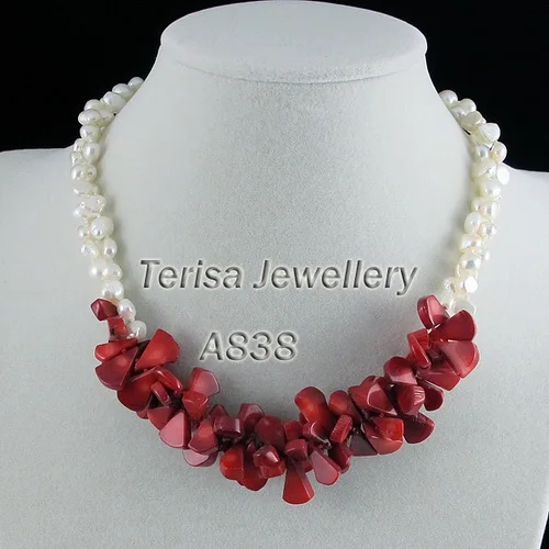 

Fashion Lady's Pearl Jewelry White Genuine Freshwater Pearl Red Coral Necklace 18 inches 2 Rows Handmade Necklace