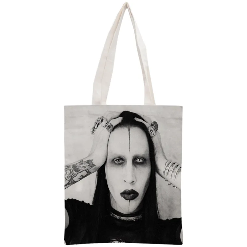 Nach Marilyn Manson Einkaufstasche Handtasche Frauen Schulter Faltbare Leinwand Einkaufstaschen Anpassen ihre bild