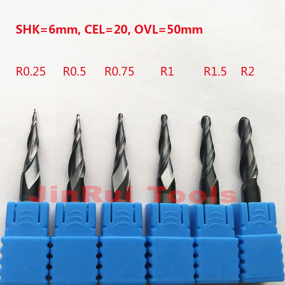 Jerray 1 peça r0.25/r0.5/r0.75/r1/r1.5/r2 6mm haste 50mm hrc55 carboneto sólido tapere bola nariz fresa cnc fresas faca