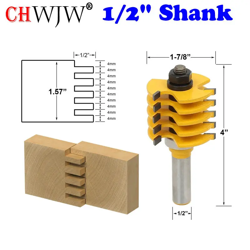 

1pc Box Joint Router Bit - Adjustable 5 Blade - 3 Flute - 1/2" Shank For Wood Cutter Tenon Cutter for Woodworking Tools