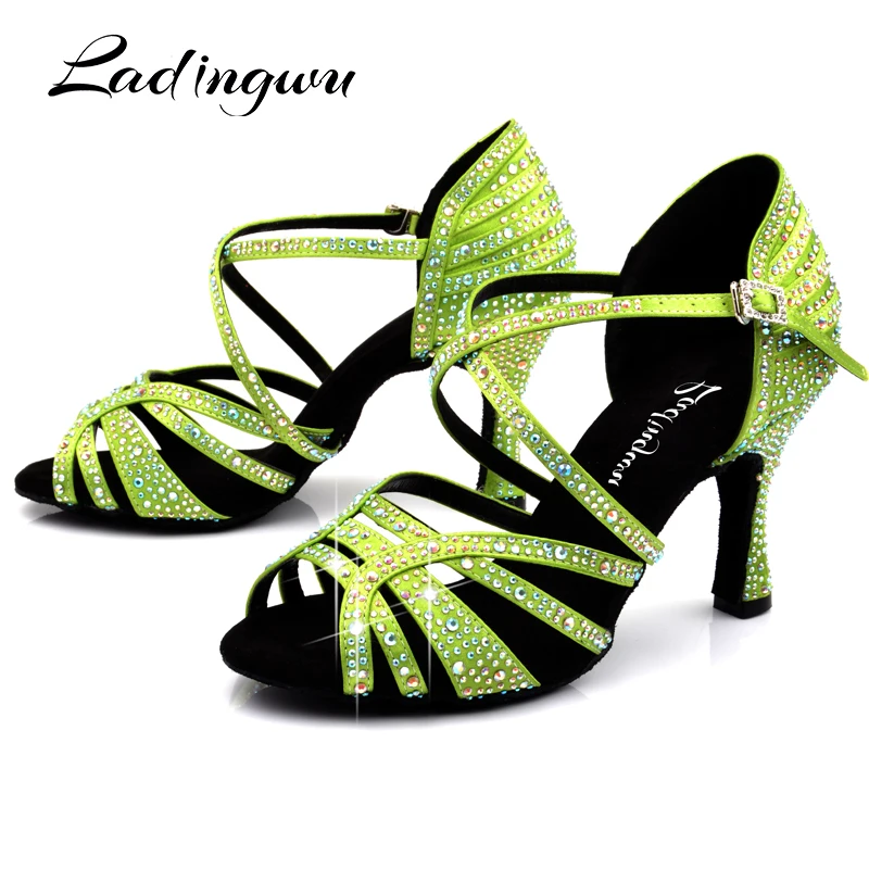 Ladingwu Light Green Satin Latin Dance Shoes Women Profession Salsa Dance Shoes Women Ballroom Dance Sandals Rhinestone Shoes