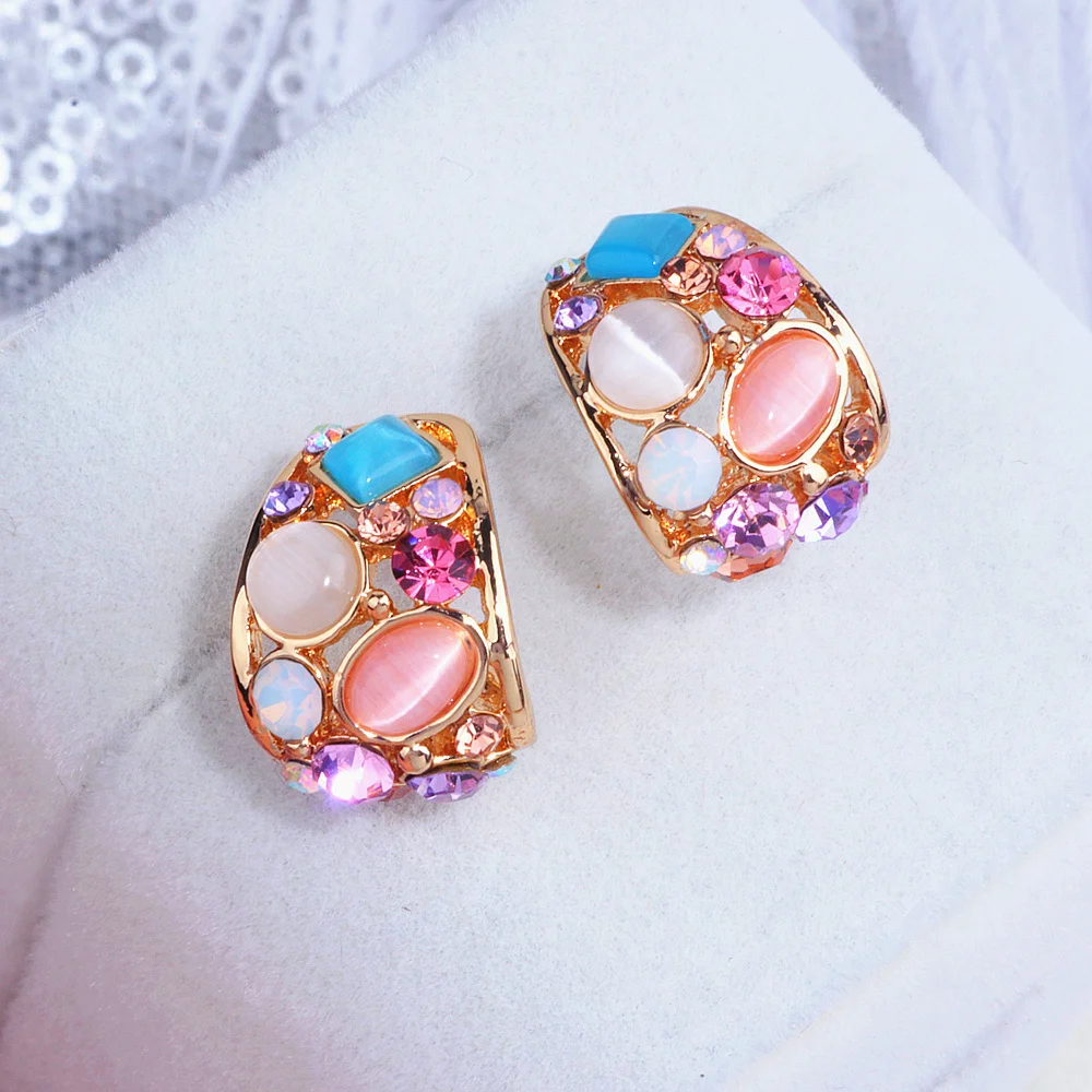 Classic Korean Geometric Hollow Out Opal Stud Earrings Brincos Colorful Crystal Stud Earrings For Women Fashion Wedding Jewelry