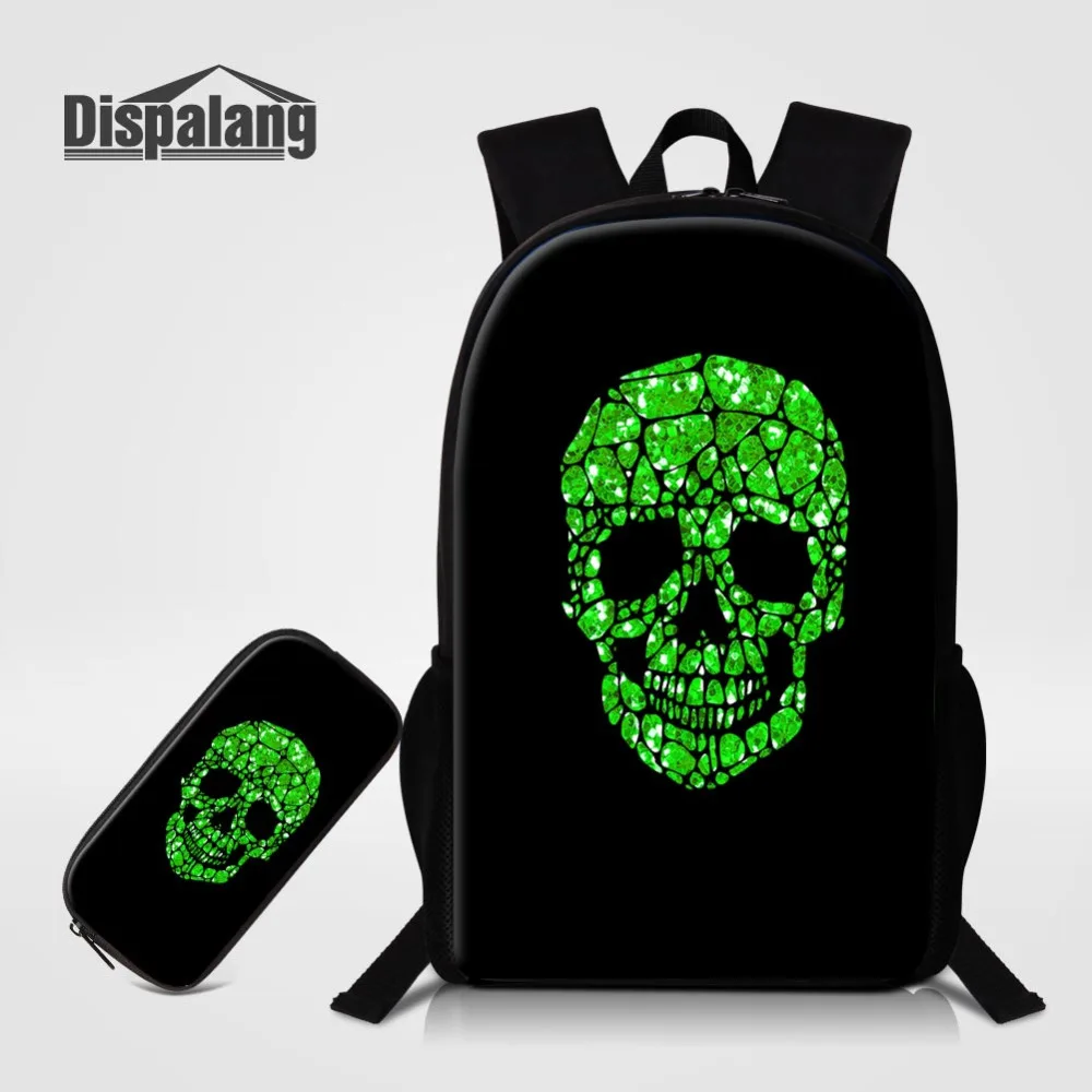 Dispalang 2 Pcs Set Boys School Bags with Pencil Bag Skull Print Large Backpack for Teenagers Pencil Case Students Bookbag