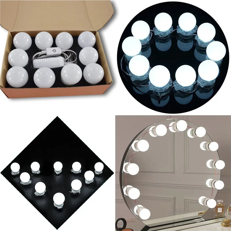 10 Pcs Vanity LED Mirror Light Makeup Adjustable Comestics Mirror Light Kits With Dimmable Lights Bulb Brightness Make Up Lights