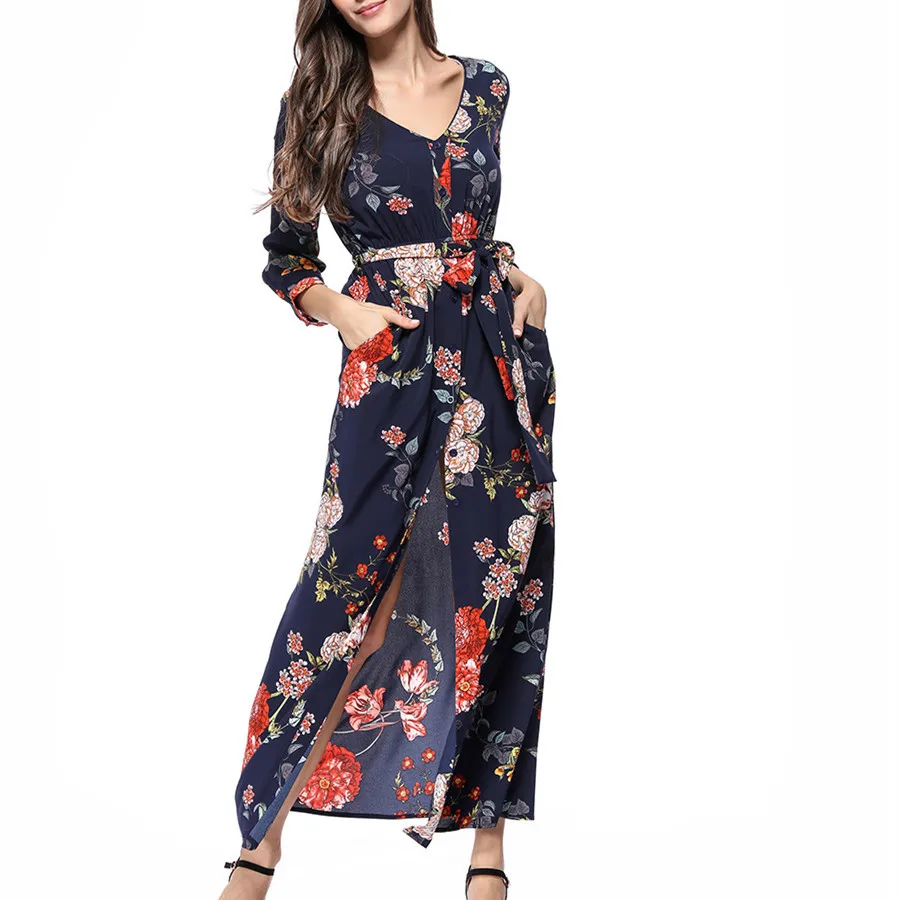 Summer Print Chiffon Bohemian Dresses Women Beach V-Neck Wrist Sleeve Sashes Pocket Slit Long Party Dress Boho Vestidos 2019