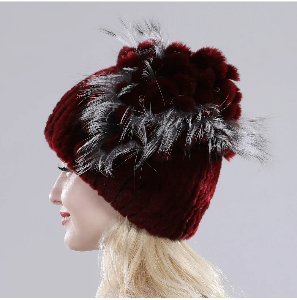 Neue Russische Damen Echt Rex-Kaninchenfell Mützen Luxuriöse Gestrickte Blumen Echte Rex-Kaninchenfell Kappe Winter Echt-Fell Beanie Mütze – Detail 31