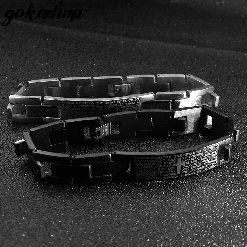 Gokadima Cross Bible Scripture Men Bracelet Stainless Steel Bracelet Black or Silver color, Jewelry pulseras Wholesale,WB104