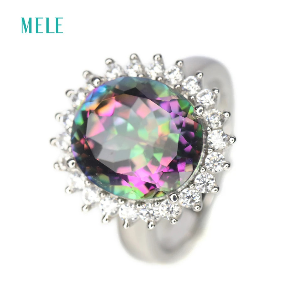 

Меле натуральный Мистик кварты серебряное кольцо, Овальный 12 мм * 14 мм, Радуга Кристалл Модные женские ювелирные изделия, высокое качество