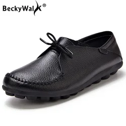 BeckyWalk Oltre a Misure Donna Scarpe Pizzo Donne del Cuoio Genuino Appartamenti Primavera Autunno Signore Casuali Scarpe sapato feminino WSH2707