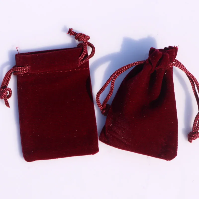 5x7cm 100Pcs/lot Dark Red Velvet Bags Mini Jewelry Pouches Drawstring Gift Bag Favor Ring Earrings Packaging Bags Can Custom