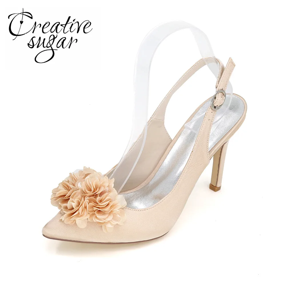 

Creativesugar Pointed toe slingback satin dress shoes 3D flower petal elegant pumps wedding prom cocktail lady heels champagne