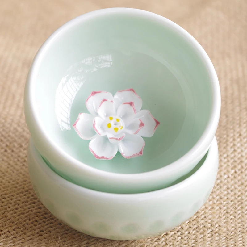 one cup porcelain longquan celadon Chinese kungfu tea cup creative lotus flower relief cup for Pu\'er tea 50ml master cup of tea