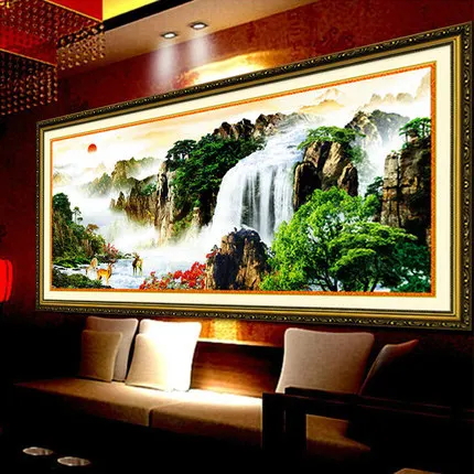 QIUSI Needlework DIY Cross Stitch,Full Embroidery Kit, Sunset Mountain Waterfall Animal Landscape Cross-stitch Painting Gift