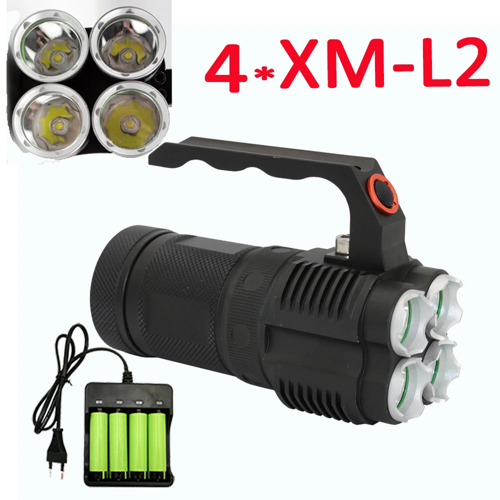 Tactical  XM-L2 Flashlight 4x L2 LED 4500LM 4 Modes Light Torch  Lamp for Outdoor fishing hunting+4x 18650 Battery +charger