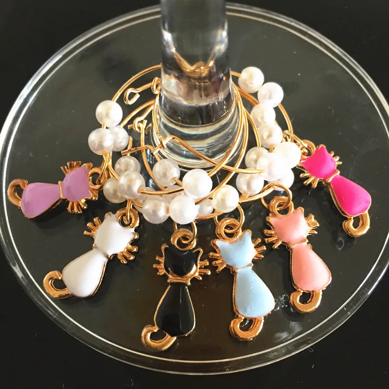 6 Pieces Kitty Cat Wine charm New Fashion Wine Glass Charms Rings Marker Christmas Party Bar Table Decorations Christmas Gift