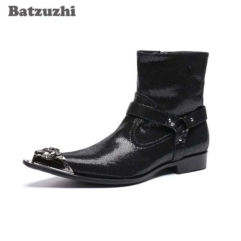 Batzuzhi Luxury Italian Type Men Boots Iron Toe Black Ankle Boots Men Strap Fashion Cowboy Motorcycle Botas Hombre, Big Size 46