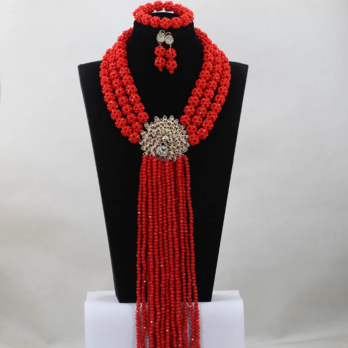 

Fashion Red Balls Crystal Design Natural Nigerian African Wedding Bridal Women Beads Necklace Jewelry Set Free Shipping ABH084
