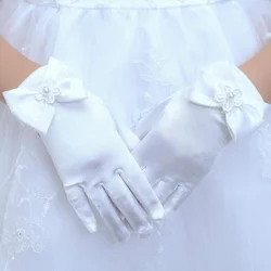 Guantes elásticos con lazo de encaje para niña, traje corto de satén con perlas y flores para baile, vestido de novia de princesa, L44