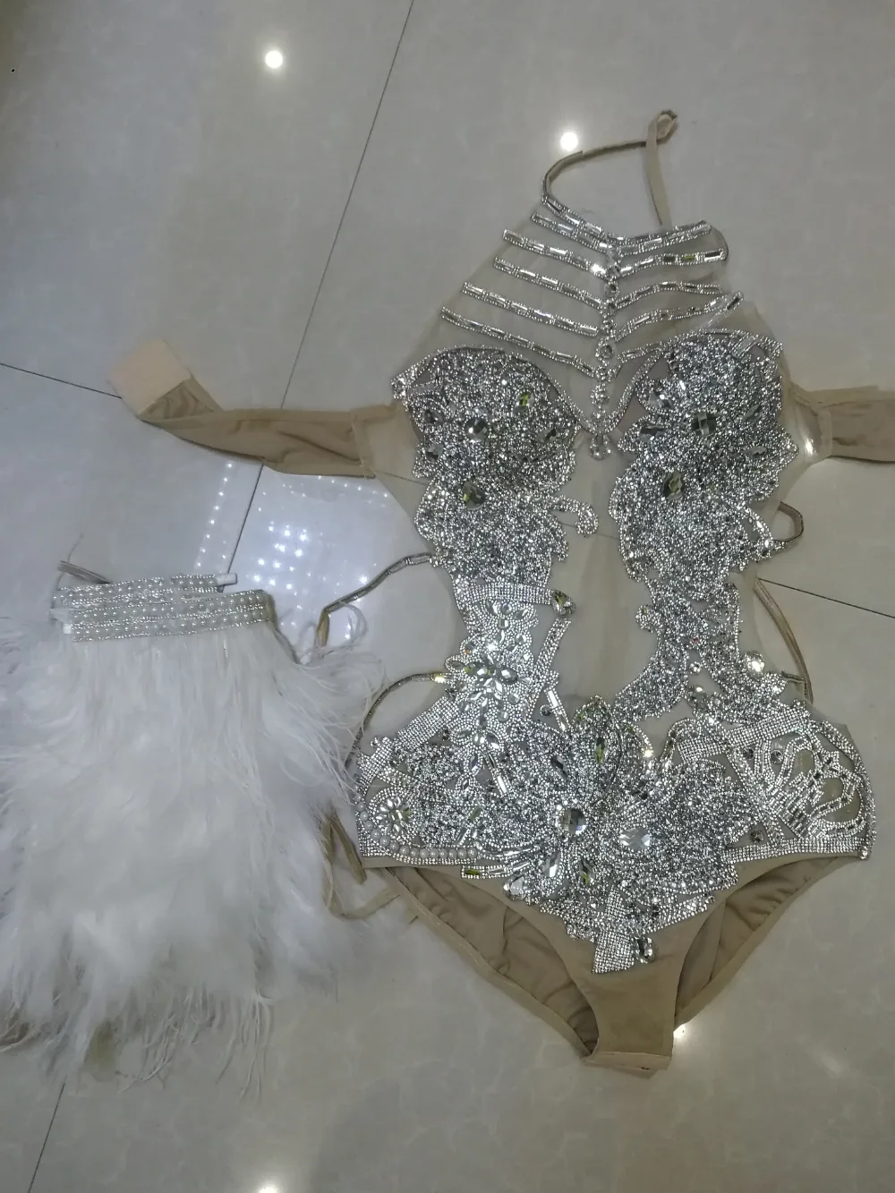 Silver Rhinestones White Feathers Bodysuit Sexy Perspective Crystals Jumpsuit Nightclub Female Clothing DJ Singer Dance Costumes