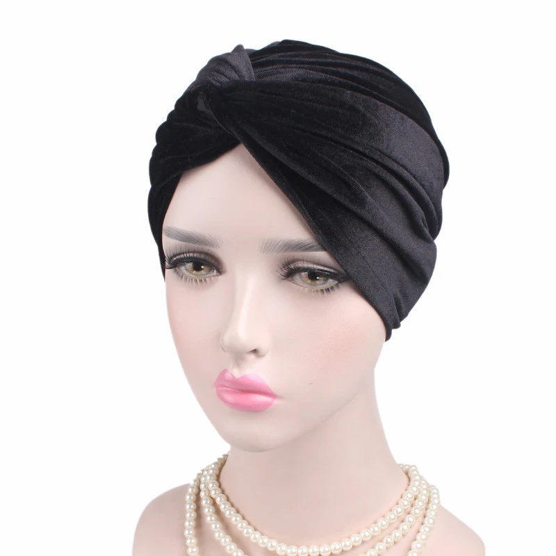 Muslim Stretch Women Velvet Cross Turban Hat Scarf Chemotherapy Chemo Beanies Caps Cancer Headwear Hair Loss Cover Accessories