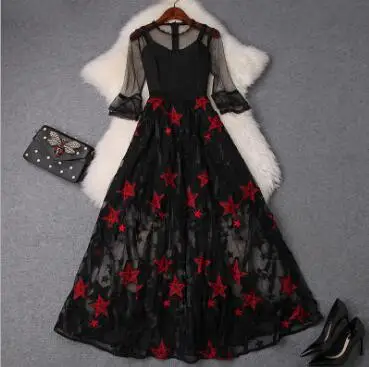 

2019 spring and summer women's new mesh stitching straps star embroidery high waist dress large swing dressT3582