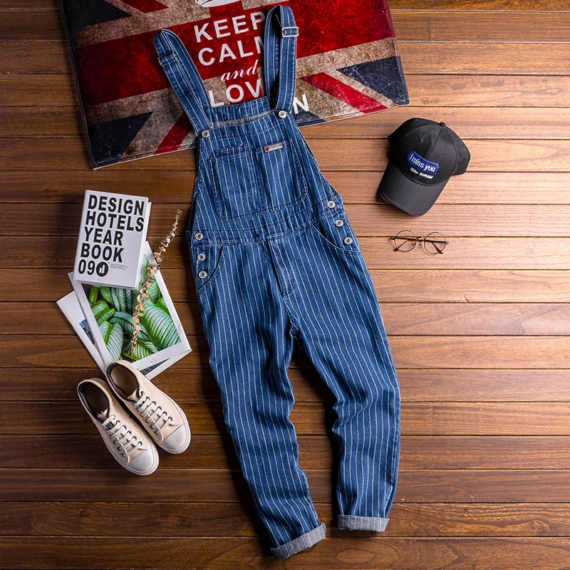 Sokotoo Herren-Latzhose mit Streifenmuster, blaue Jeans-Latzhose, Latzhose, Overall, Jugend-Jeans – Detail 4