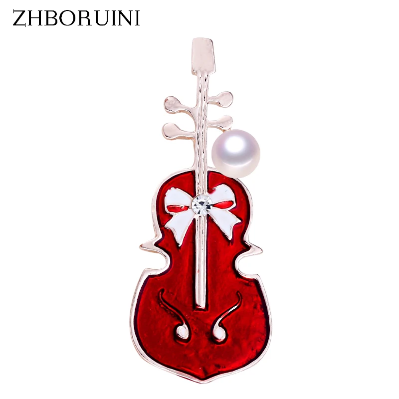 ZHBORUINI 2024 New Pearl Brooch Simple Enamel Violin Pearl Breastpin Natural Freshwater Pearl Jewelry For Women Pin Dropshipping