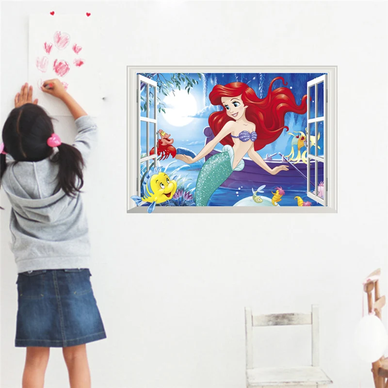 Ariel Mermaid Princess 3d Window Wall Stickers For Home Decoration Diy Kids Room Mural Art Girl's Decals Anime Posters