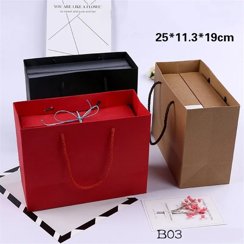 

300PCS/Lot Kraft Paper Gift Bag With Handle 25x11.3x19cm Wedding Birthday Party Gift Christmas New Year Shopping Package Bags