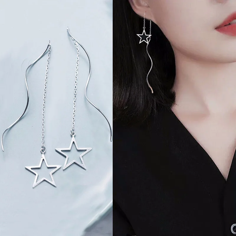 Hollow Star Threader Earrings 925 Sterling  Filled Twisted Tassel Long Line Delicate Women Hoop Earrings Elegant Jewelry