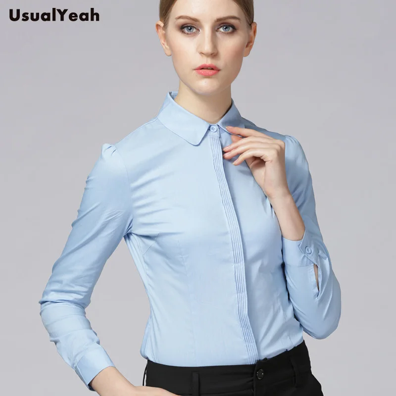 New 2018 Women Body Shirt Blouse Striping Turn-down Collar Formal Long Sleeve Office Work Wear Slim Fit Blue, White SY0289 S-XXL