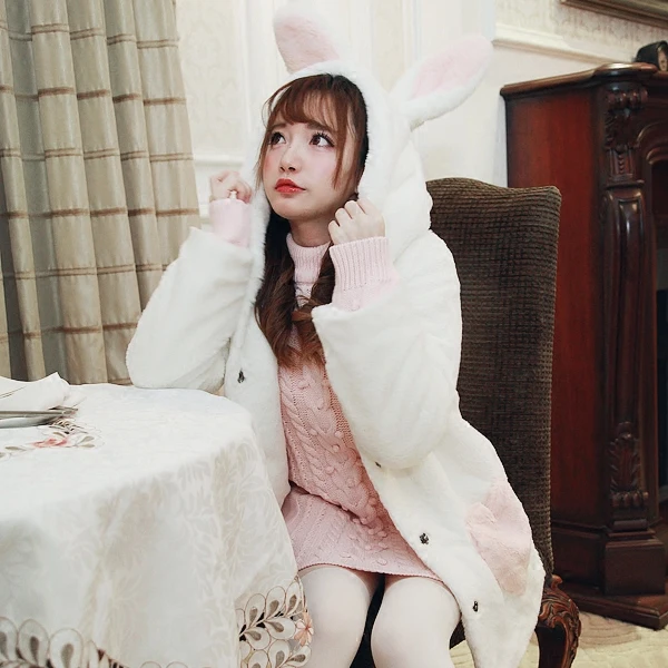 Princess sweet lolita coat Bobon21 cute rabbit ears hat upright full and fluffy bladder super soft thick warm coat C1311