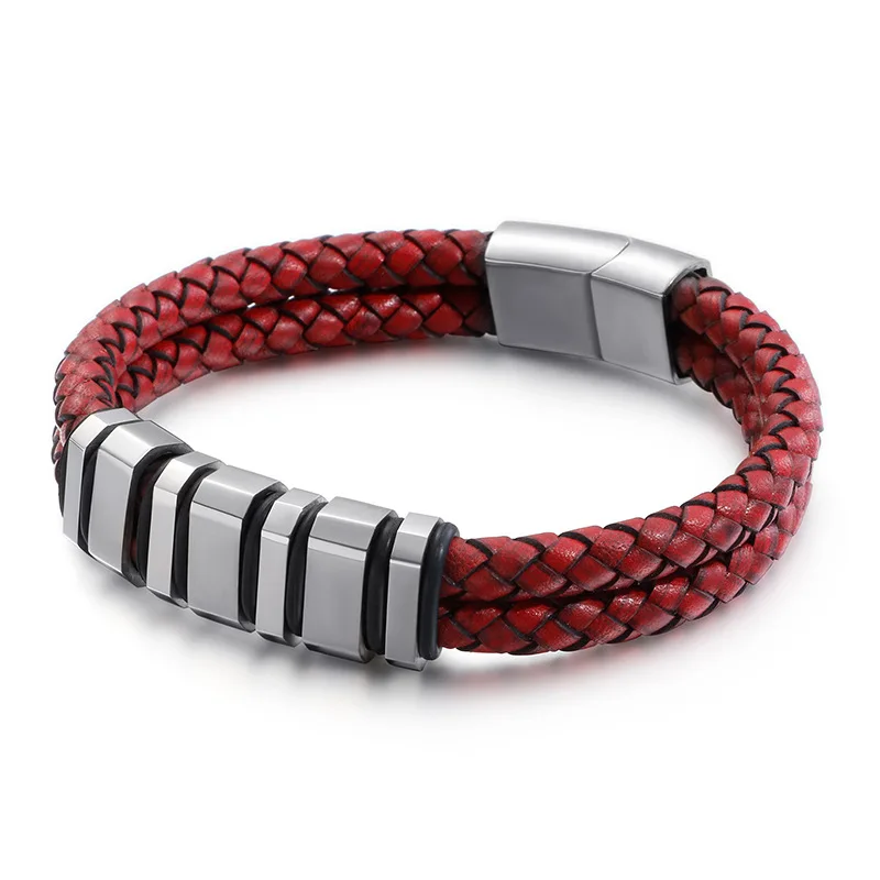 Men's Double Titanium Steel Corrugated Bracelet Handmade Multilayer Leather Bracelet