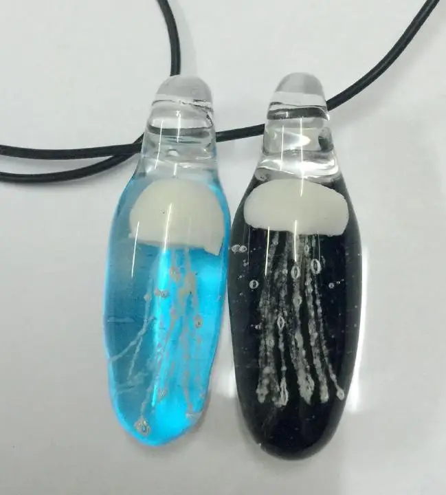 

2 pcs Glass white jellyfish crafts gift decoration Black Rope fashion cool Necklace