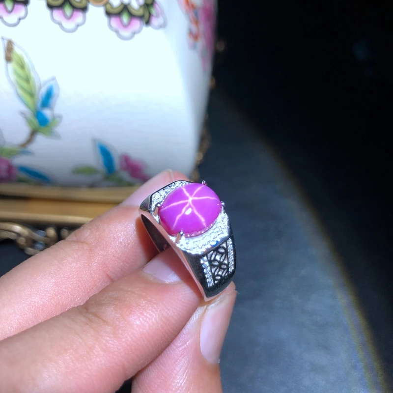 beautiful  pink natural Star Ruby gemstone ring for man 925 sterling silver fine jewelry  boy girl ring powerful birthday gift
