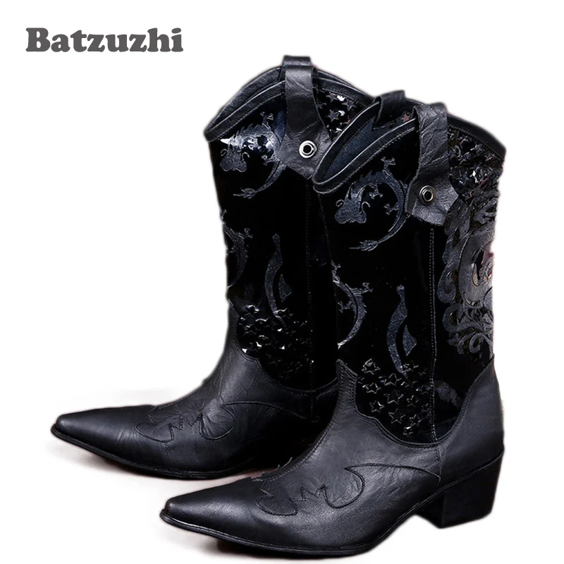 

Batzuzhi 6.5CM Black Men Boots Pointed Toe Increased High Heels Leather Boots Men Mid-Calf Leather Boots Men, Big Size 38-46