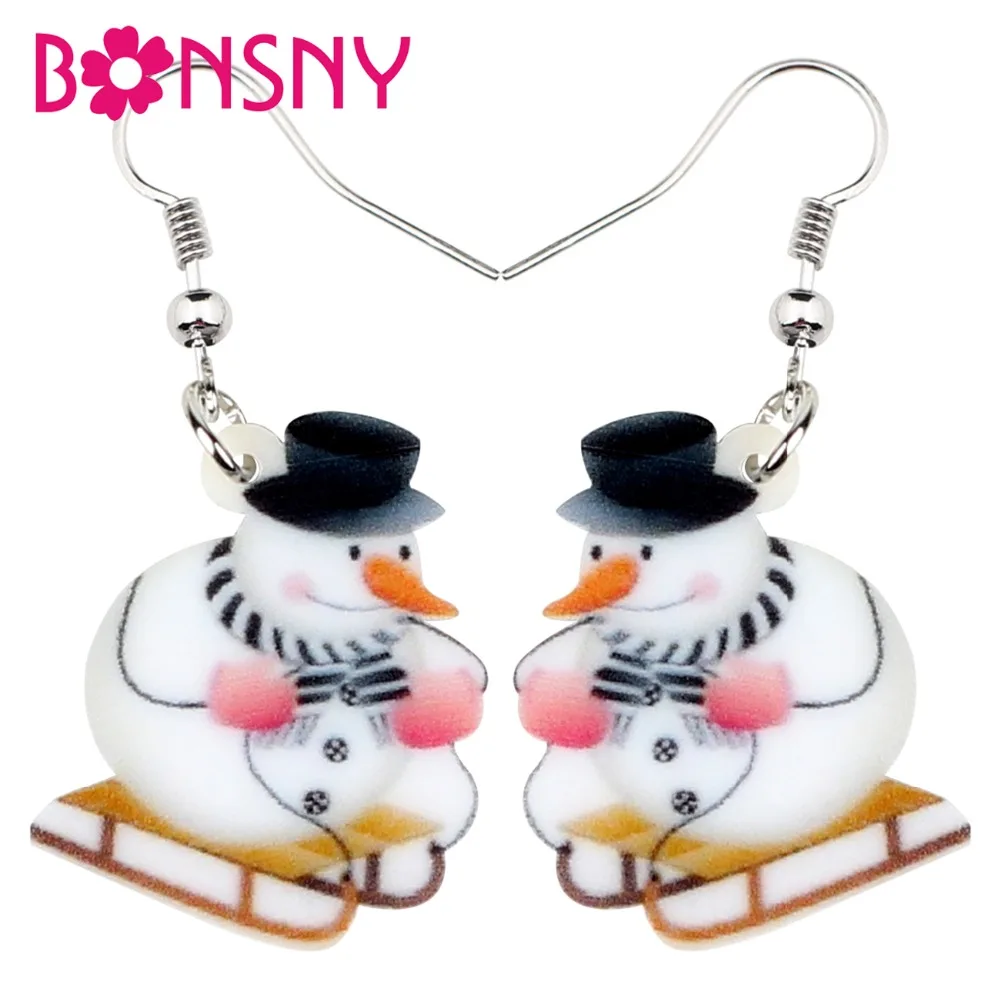 Bonsny Acrylic Christmas Skating Snowman Earrings Drop Dangle Xmas Party New Year Decoration Jewelry For Women Girls Gift 2019