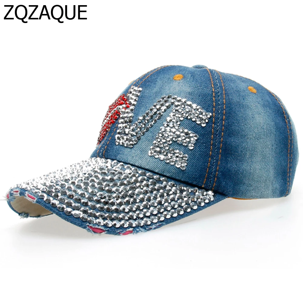 Women's Diamonds Baseball Caps 100% Manual Drill High Quality Fashion LOVE Letters Girls' Denim Hats New Arrival SY543