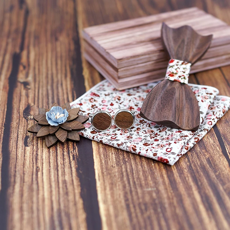 3d Wooden Bow Ties for Men men\'s tie Wood Bowtie Handmade Butterfly Black Walnut Wood Bow Tie Gravata gift Cufflink handkerchief