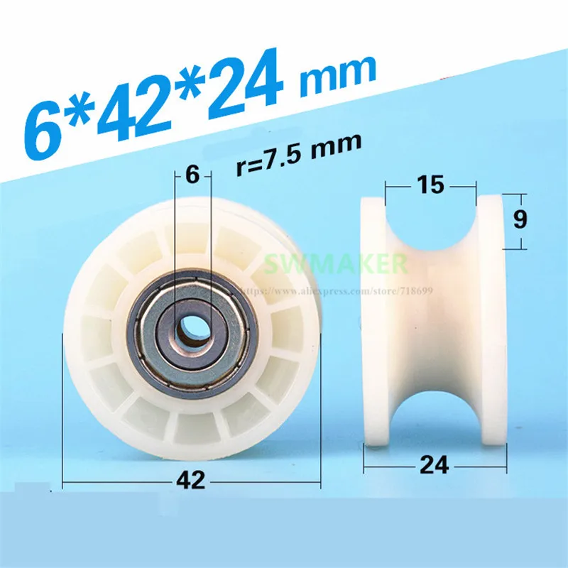 1 ps 6*42*24mm nylon tráng nhựa ròng rọc 608zz đôi mang lăn bánh xe để kéo sợi máy /máy móc dệt may/15mm theo dõi