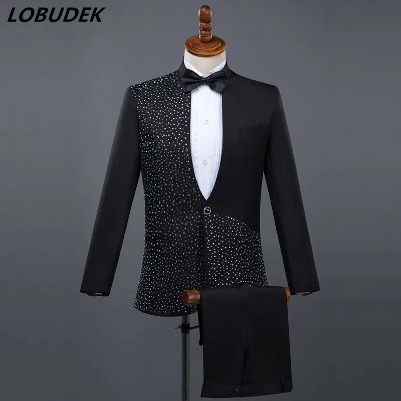 (Jacket+Pants) Formal male suits black white Shining Diamond suit 2 piece sets host singer dancer Master for Wedding costumes