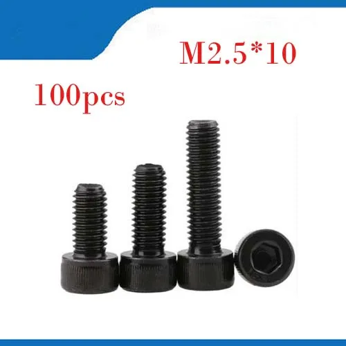 100pcs/Lot Metric Thread DIN912 M2.5x10 mm M2.5*10 mm Black Grade 12.9 Alloy Steel Hex Socket Head Cap Screw Bolts