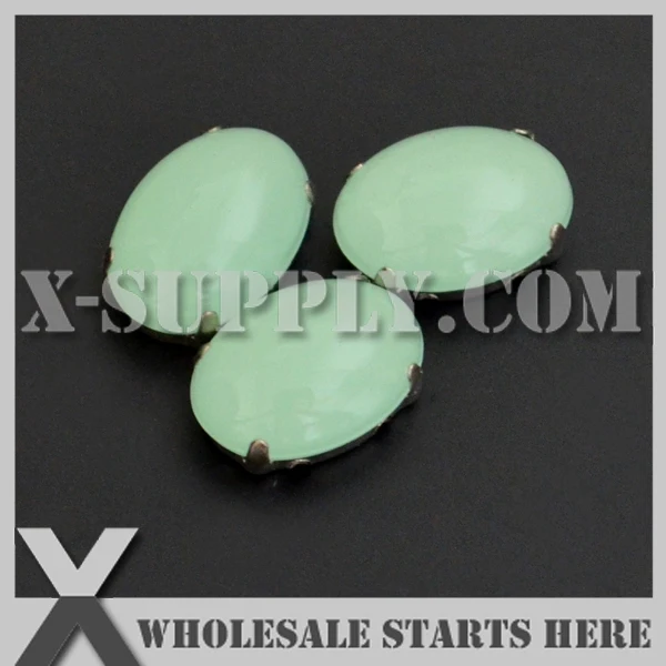 10x14mm Mounted H30 Mint Green Opal Oval Acrylic Rhinestone Chaton in Silver NICKEL Sew on Setting for Shoe,Garment