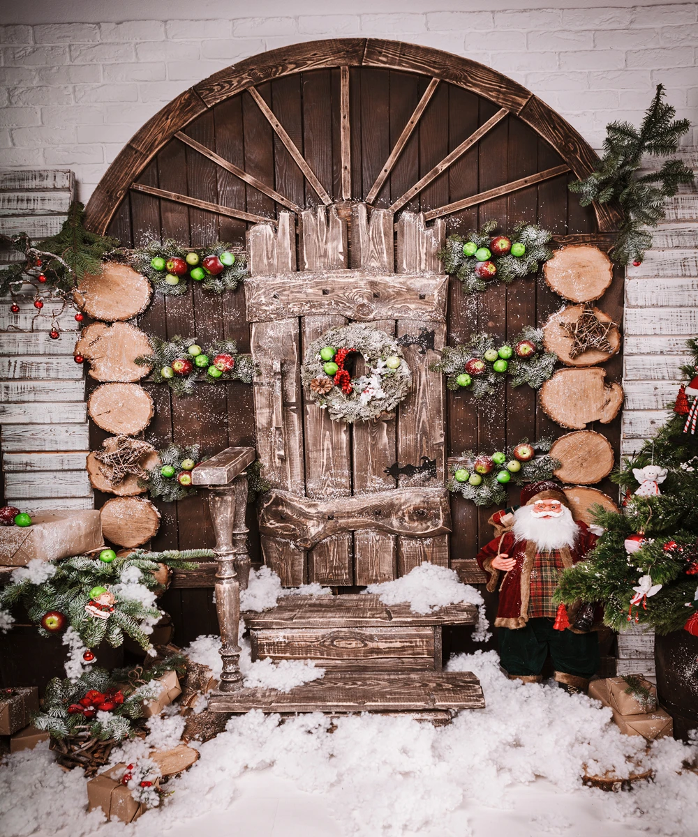 كابيسكو عيد الميلاد خلفيات للتصوير الفوتوغرافي خمر الباب الخشبي الطوب جدار الثلج الطفل الوليد خلفيات حفلات صور استوديو الدعائم