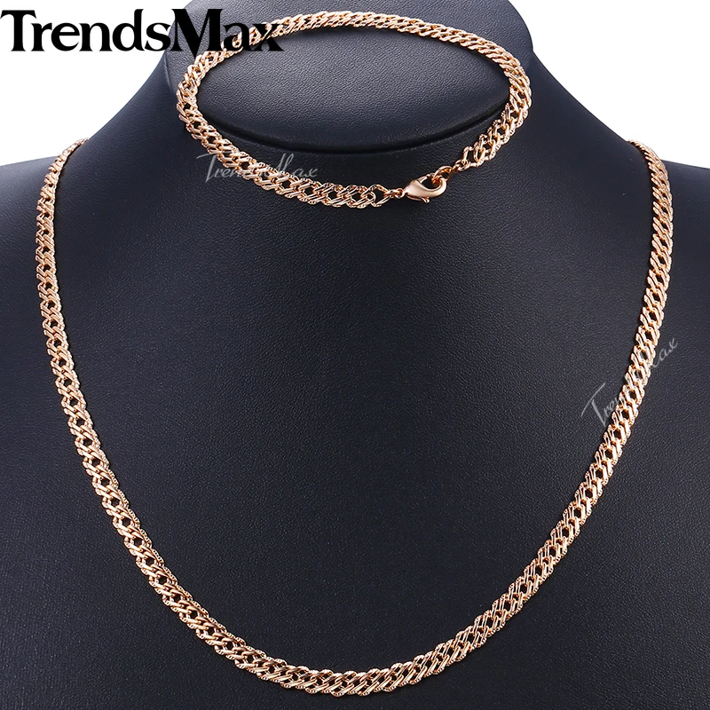 Womens Jewelry Set 585 Rose Gold Color Bracelet Necklace Set Hammered Venitian Chain Wholesale Dropshipping Jewelry  5.5mm KCS03