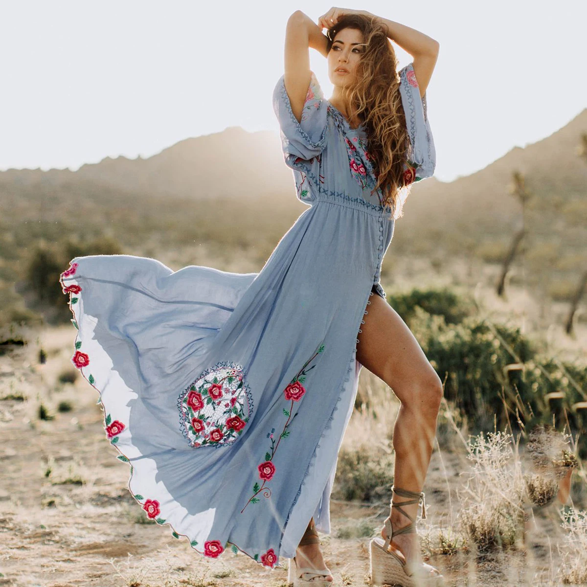 Jastie Boho Embroidered Dress O-Neck Batwing Sleeve Loose Women Dresses Casual Beach Maxi Dress 2022 Summer Dresses Vestido