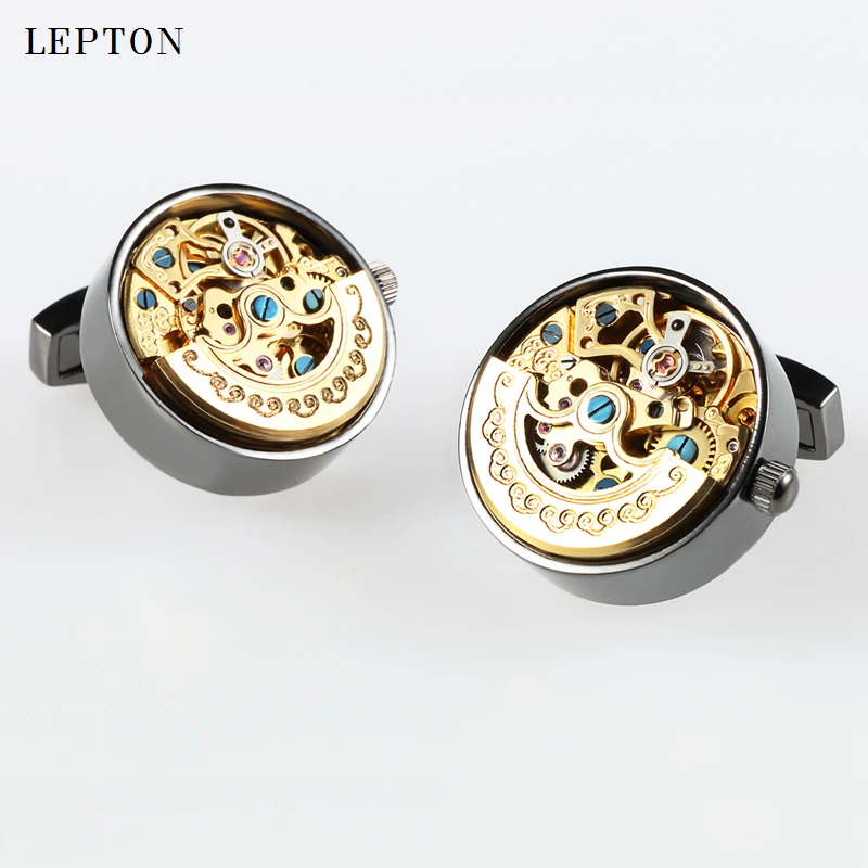 Low-key Luxury Functional Watch Movement Cufflinks Lepton Stainless Steel Steampunk Gear Watch Mechanism Cufflinks for Mens