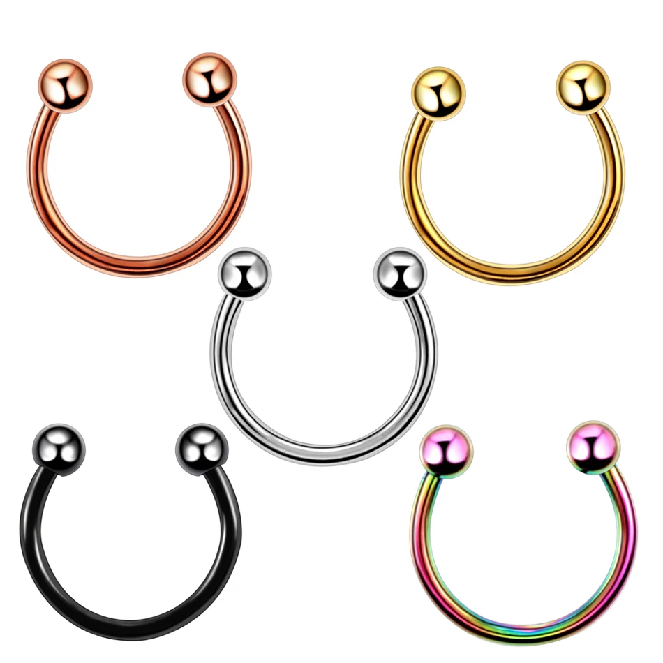 2pcs/lot Fashion Stainless Steel Horseshoe Fake Nose Ring C Clip BCR Septum Lip Piercing Falso Nose Rings Hoop For Women Men