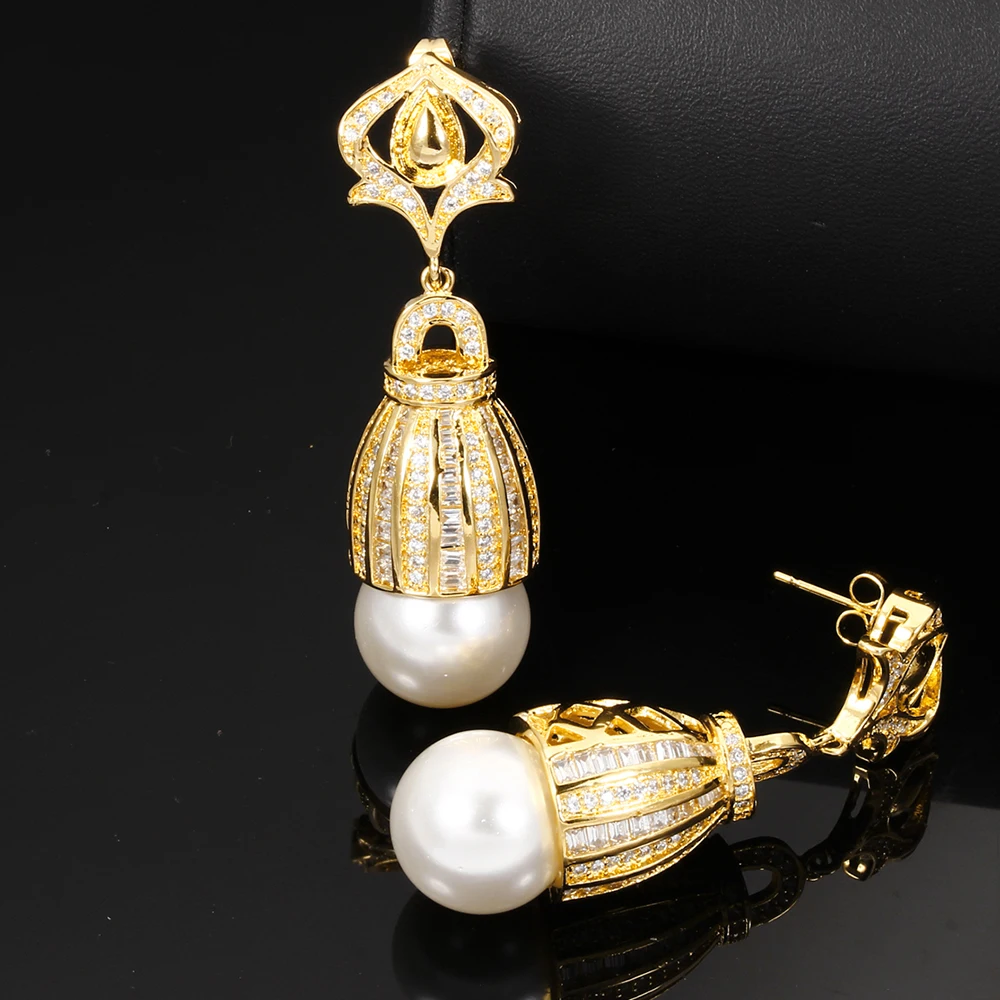 Brass Fashion Jewelry Party Pave shiny Cubic zircon and White pearl Big Dangle Drop earrings for women