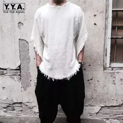 Summer Men Solid Color Irregular T-shirt Fashion Tassels Trimming Linen Tees Male O Neck Harajuku T-shirts White Tops Streetwear